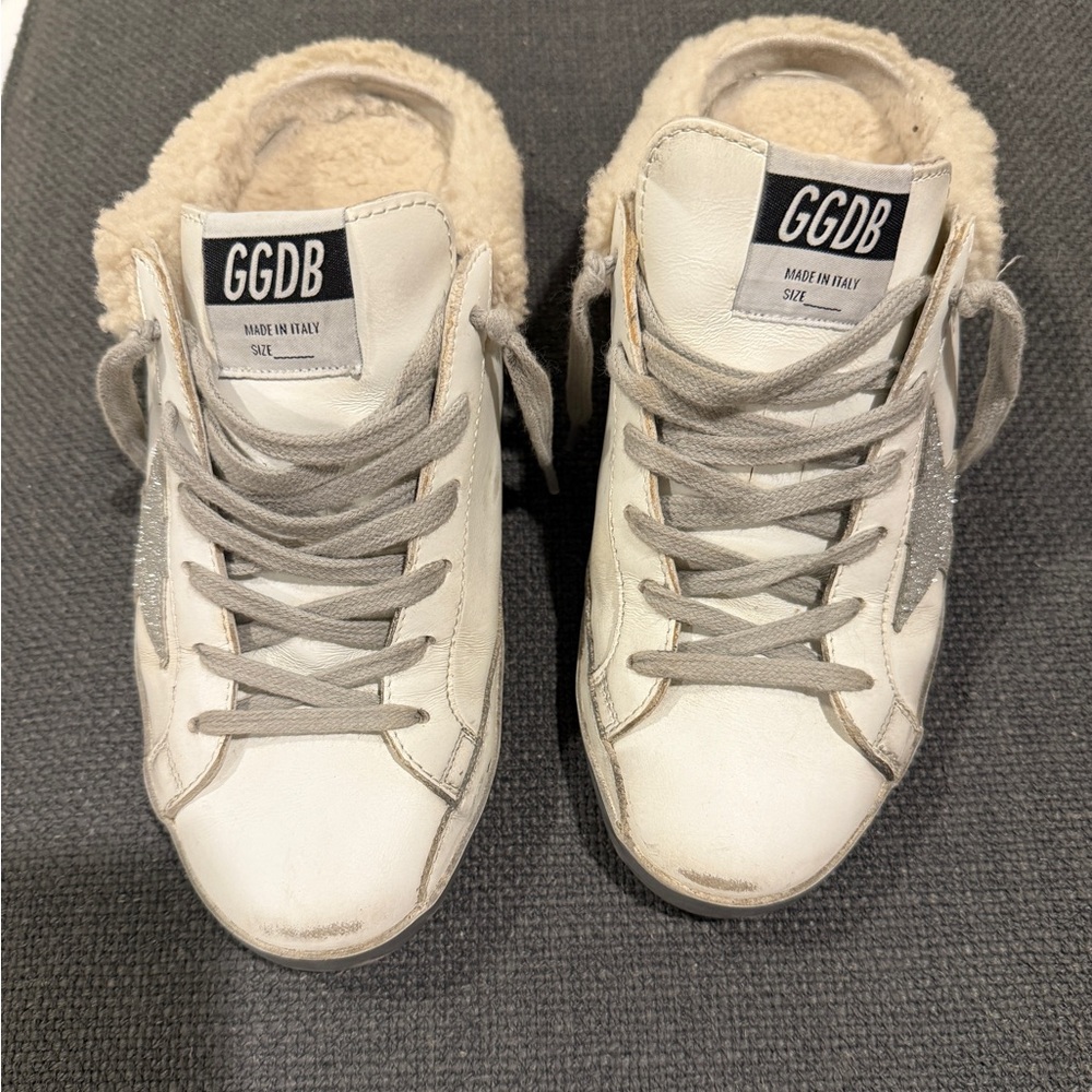 Golden Goose Super-Star Sabots in white leather with shearling lining